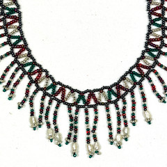 Seed bead choker bib necklace red green pearl fringe boho ethnic handmade A