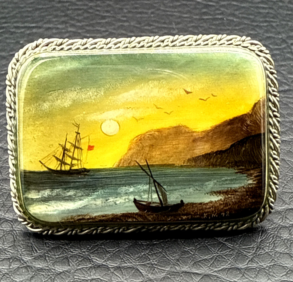 Vintage Brooch Fedoskino Hand Painted Mother of Pearl Coastal Ships Signed KM 98