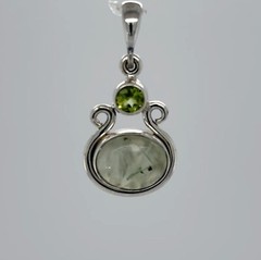 925 Sterling Silver Oval Green Prehnite and small Round Peridot Teardrop Pendant