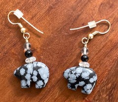 NEW Native Bear Snowflake Obsidian Zuni/Navajo Dangle Vintage Earrings