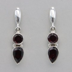 Faceted Red Drop and Round GARNET Post Earrings 925 STERLING SILVER #35-Pe