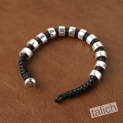 Handmade 10mm Thick 925 Sterling Silver Beads Braided Black Wax Cord Bracelet