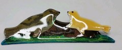 Handmade Resin Brooch Pin 2 Seals In Shades Of Green, Yellow & Brown 3 3/4″ Wide