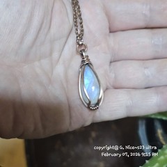 Handcrafted Antiqued Copper Wire Wrapped Moonstone Pendant On 20 Inch. Crystal