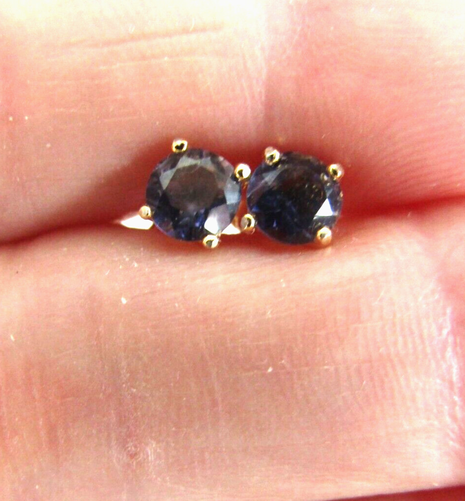 Natural Iolite Stud Earrings in Gold over 925 Sterling Silver 5mm .9 ct New