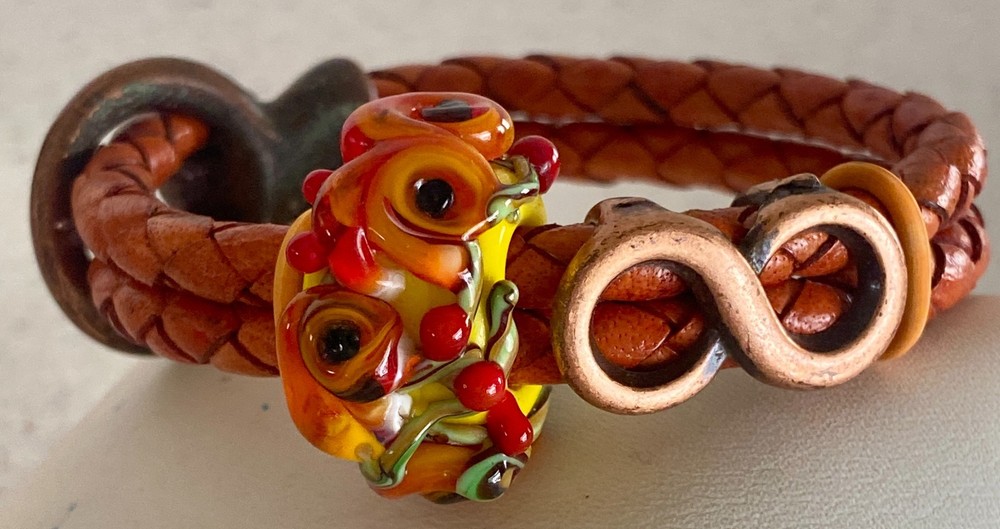 Lampwork Bead Braided Leather Bracelet Infinity Metal Hook Art Glass Bangle