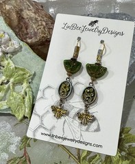 Boho Whimsical Green Czech Glass Bee Charm Romantic OOAK Dangle Earrings Gift