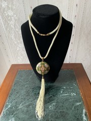 New Cloisonné Floral Round Charm Pendant Necklace with Braided Cord, Green Pink