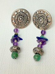 Silver Medallion Dangle Pierced Amethyst Turquoise Earrings