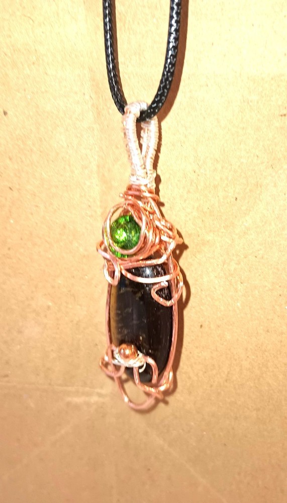 Handmade wire wrapped Tiger Eye with Faceted Green Glass Stones Pendant Necklace
