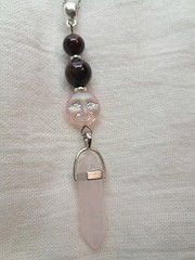 ROSE QUARTZ DT Crystal Point & Crimson PYROPE GARNET Beads Glass Moon Pendant