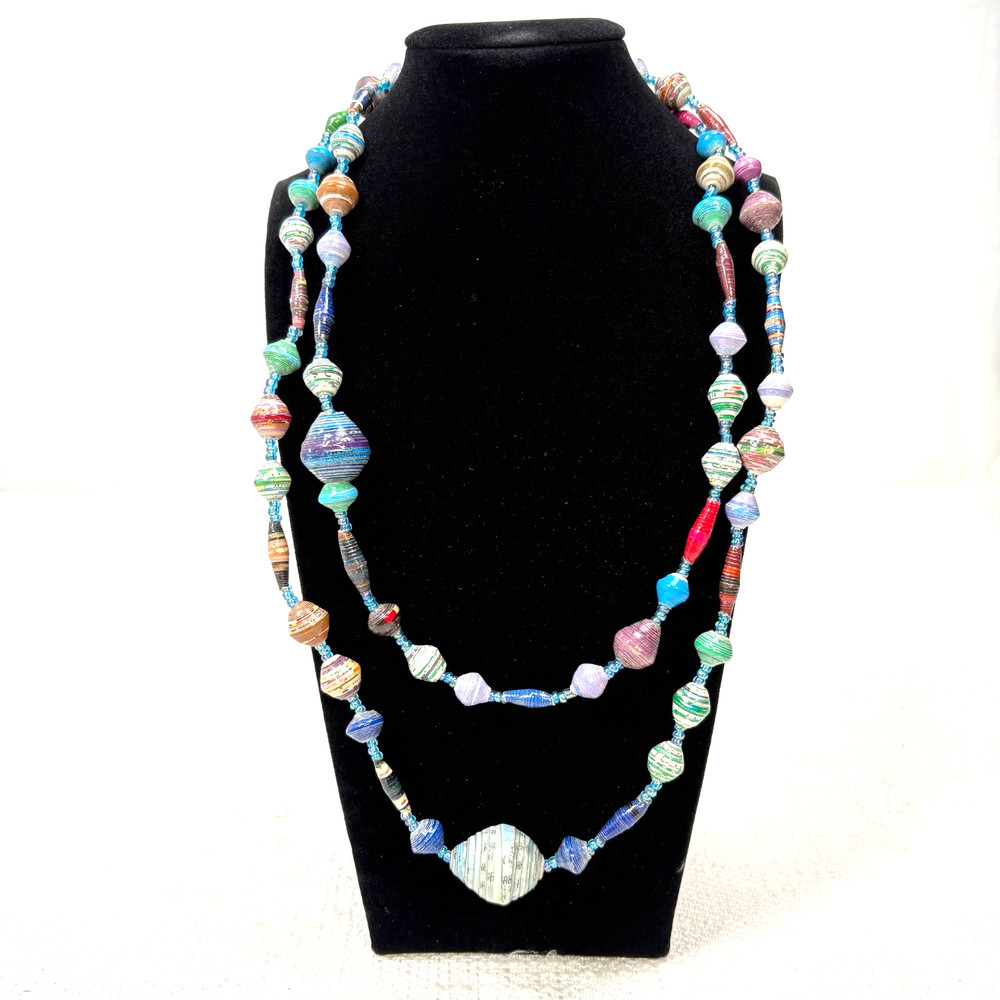 Handmade Paper Beads Necklace 46″ Multicolor African Artisan jewelry Recycled
