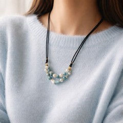 Necklace Freeform Larimar Stones Baroque Pearls Layers Adjustable Cord Handmade