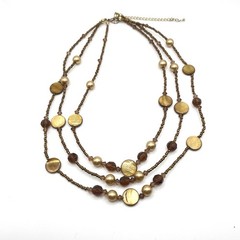 Golden Yellow Brown Mother of Pearl Seed Bead 3 Multi Strand Necklace 18″