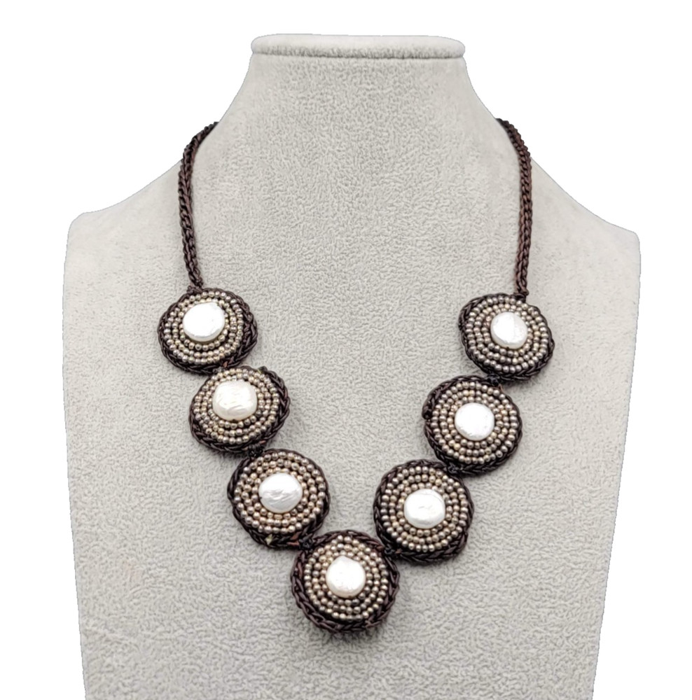 Artisan Real pearl Beaded Bib Necklace on Felt No Metal 20″