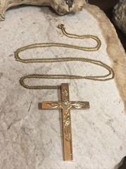 Vintag 12K GF Rolled Gold Carvd CROSS Pendant Necklace 8.9g, 24″