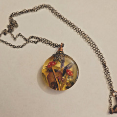 Handmade Gift Resin Dried Flowers Mushrooms Cottage Core Brass Necklace with Box