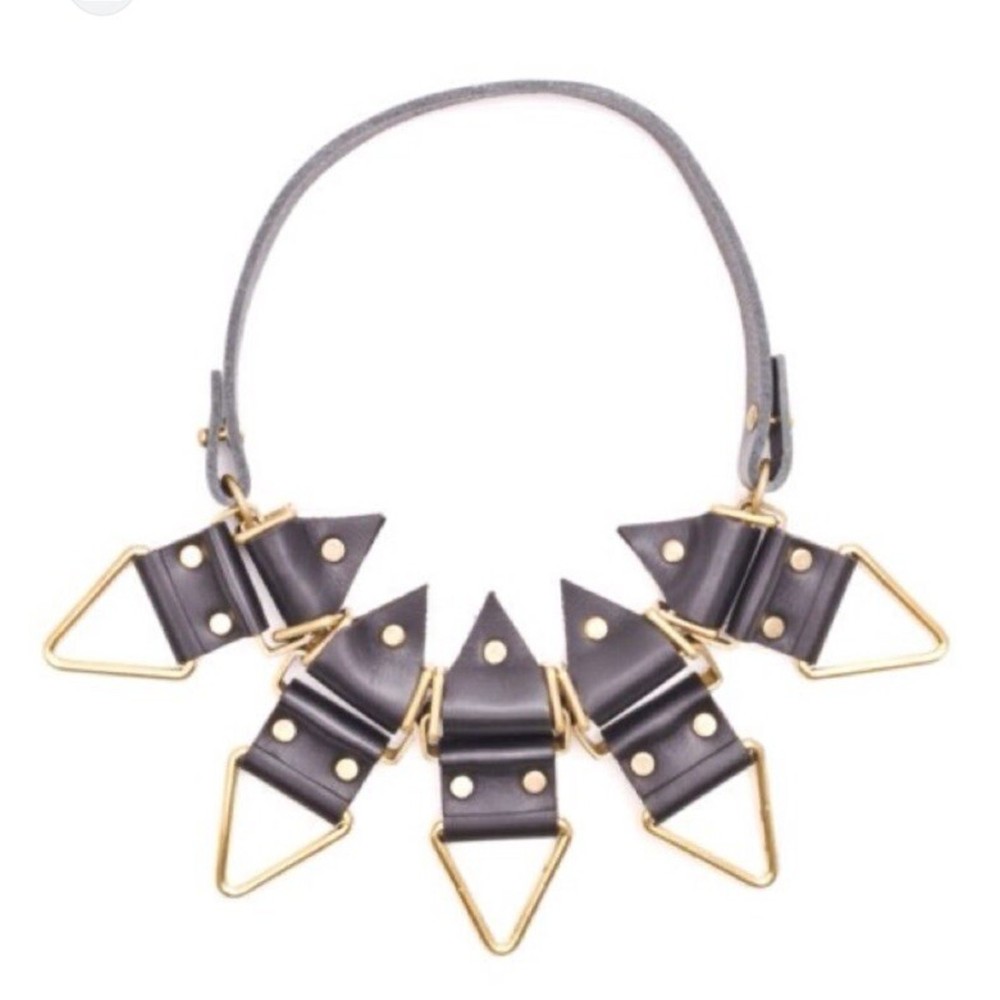 MOKHAM Leather statement Necklace rock Concert Gothic Black Gold Metal RARE Goth