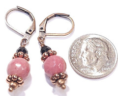 Pink Rhodonite & Black Tourmaline Gemstone Earrings Antique Copper Dangle