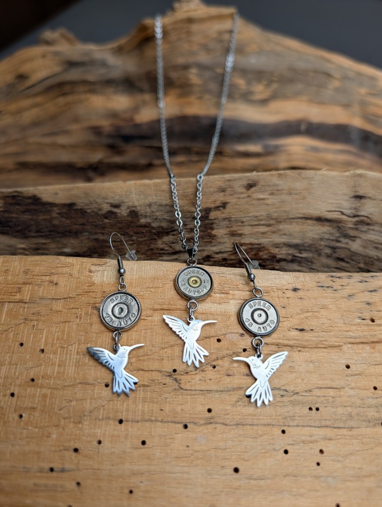 45 Auto Bullet Necklace & Earrings with Hummingbird Charms. Optional Color.