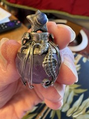 Artisan Signed Amethyst And Sterling Silver 925 Dolphins Seahorse Lapis Pendant