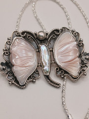 Sterling Silver 950 Mother of Pearl Butterfly Pendant Necklace Handcrafted