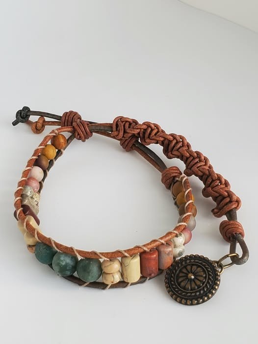 Gemstone Beads on Twisted Green & Brown Soft Leather. Tierra Cast Bali Button
