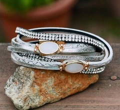 Light Gray Black Leather White Chalcedony Quartz Wrap Bracelet Magnetic Clasp