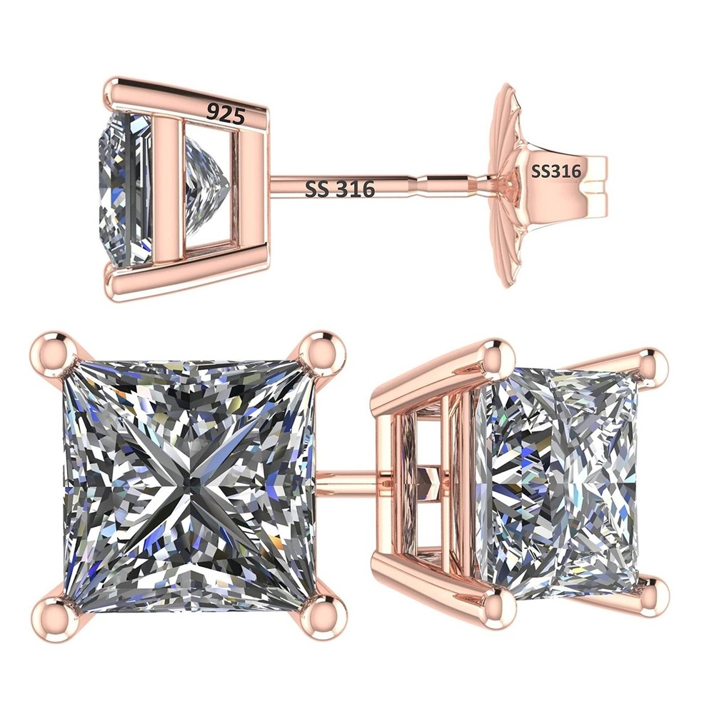 Rose Gold Plated Silver Stud Earrings With 2.00 CTW Princess Zirconia – 5.5MM