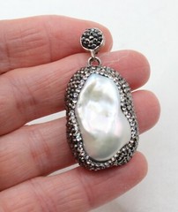 Sterling Silver Silver Pearl & Hematite Crystal Bead Drop 1 3/4″ Long Earrings
