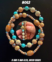 Handmade Blue/Beige Glass & Wood Beaded Bracelet, 8mm/2mm Round Unisex #062