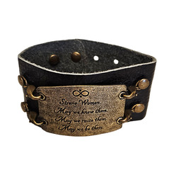 Lenny & Eva Brown Leather Cuff Bracelet «Strong Women» Engraved Metal Snaps