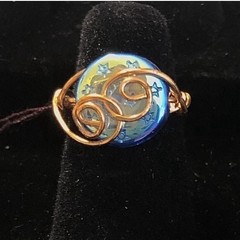 Blue Moon And Stars Ring, Iridescent, Copper Wire Wrap, Size 4 1/2 #Fairycore