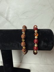 set of 2 red brown, gold and amber tones beaded bracelets handmade