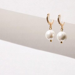 Shell Pearl Hoop Earrings in Gold Tone, Minimalist Jewelry, Gift for Her
