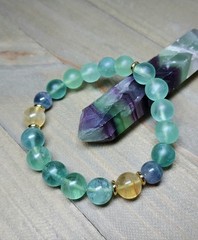 Green Fluorite Crystal Bracelet With Yellow & Purple Stretch Gem Beads 6.75″