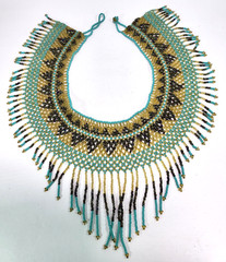 Hand Beaded Collar Bib Necklace Glass Beads Turquoise Blue Golden Browns