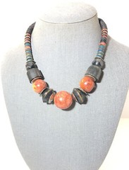 Chunk Bead Statement Necklace- Acrylic & Wood Bead- Black/Orange/Green. 16”.