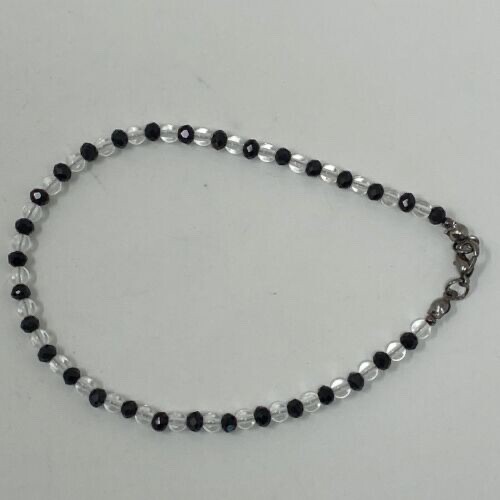 Handmade Anklet Round Clear and Faceted Black Glass Beads Black Metal 9.75″
