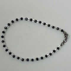 Handmade Anklet Round Clear and Faceted Black Glass Beads Black Metal 9.75″