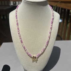 Pink/ white beaded necklace Butterfly charm Pink/white translucent Beads NWT