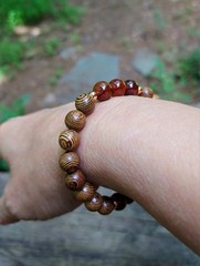 Hessonite Garnet Gemstone Bracelet With Brown Wooden Beads Stretchy 6.50″