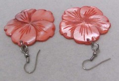 Vibrant Coral Pink Dyed Shell 1.5” HIBISCUS FLOWER Dangle GoldTone Hook Earrings
