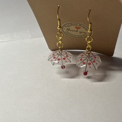 Handcrafted Umbrella Dangle/Drop Hook Earrings Gold Tone White Red Love 2in