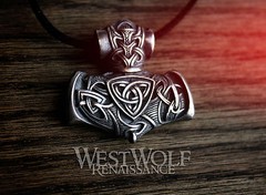 Viking Mjolnir Hammer Pendant with Odin’s Wolves — Norse/Thor/Raven/Silver/Wolf