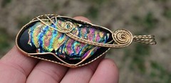 Large Dichroic Glass Pendant 14K Gold Filled Wire-Wrapped Iridescent Multi Color