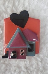 Vtg House Pin by Lucinda Portland Maine Handmade Red Purple Black Heart Foil