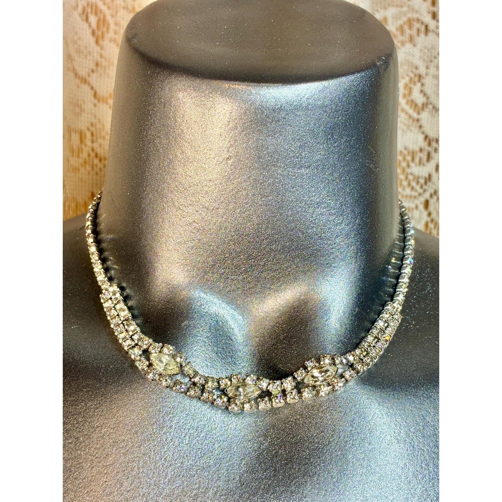 Vintage Rhinestone Statement Necklace | 16” Silver Tone Marquise Crystal Collar