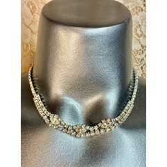Vintage Rhinestone Statement Necklace | 16” Silver Tone Marquise Crystal Collar