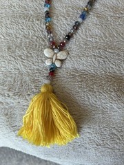 Handcrafted Beaded Necklace Butterfly Charm Multicolor Yellow Tassel 21in